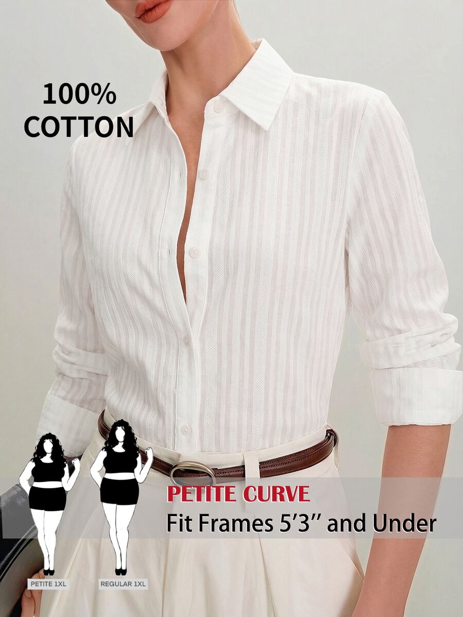 SHEIN PETITE CURVE Plus Size Elegant Button Long Sleeve Shirt Business - White - View 1