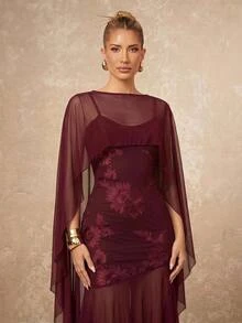 Lumalex Fall Winter Asymmetrical Shawl Cape 3D Floral Patchwork Soft Mesh Fitted Bodycon Adjustable Strap Women's DressA Detachable Flowing Mesh Cape Bodycon - Burgundy - View 8