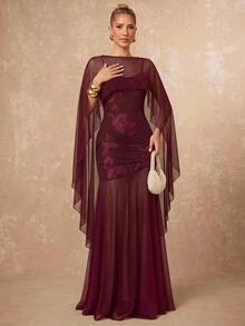 Lumalex Fall Winter Asymmetrical Shawl Cape 3D Floral Patchwork Soft Mesh Fitted Bodycon Adjustable Strap Women's DressA Detachable Flowing Mesh Cape Bodycon - Burgundy - View 2