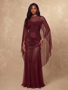 Lumalex Fall Winter Asymmetrical Shawl Cape 3D Floral Patchwork Soft Mesh Fitted Bodycon Adjustable Strap Women's DressA Detachable Flowing Mesh Cape Bodycon - Burgundy - View 6