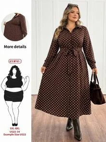 SHEIN CURVE+ Women's Polka Dot Pattern Long Sleeve Single-Breasted Shirt Dress Polka Dot Dress - Coffee Brown - View 8