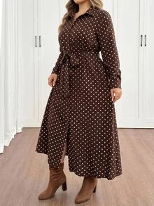 SHEIN CURVE+ Women's Polka Dot Pattern Long Sleeve Single-Breasted Shirt Dress Polka Dot Dress - Coffee Brown - View 9