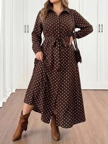SHEIN CURVE+ Women's Polka Dot Pattern Long Sleeve Single-Breasted Shirt Dress Polka Dot Dress - Coffee Brown - View 4