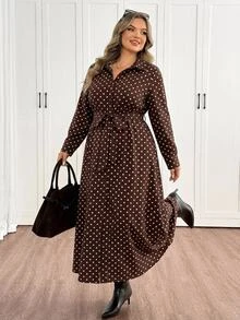 SHEIN CURVE+ Women's Polka Dot Pattern Long Sleeve Single-Breasted Shirt Dress Polka Dot Dress - Coffee Brown - View 6