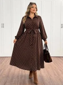 SHEIN CURVE+ Women's Polka Dot Pattern Long Sleeve Single-Breasted Shirt Dress Polka Dot Dress - Coffee Brown - View 5