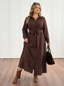 SHEIN CURVE+ Women's Polka Dot Pattern Long Sleeve Single-Breasted Shirt Dress Polka Dot Dress - Coffee Brown - View 7