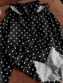Comfortcana Plus Size Women's Polka Dot Casual Racing Versatile Everyday Hooded Jacket Black Autumn Fall - Black - View 7