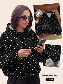 Comfortcana Plus Size Women's Polka Dot Casual Racing Versatile Everyday Hooded Jacket Black Autumn Fall - Black - View 6
