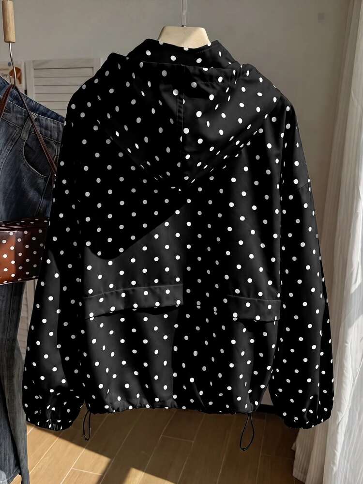 Comfortcana Plus Size Women's Polka Dot Casual Racing Versatile Everyday Hooded Jacket Black Autumn Fall - Black - View 2