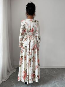 Elenzga 女式碎花灯笼袖中长连衣裙，浪漫法式设计，褶皱下摆，收腰，修身性感 V 领，适合约会、派对，可与夹克叠穿 - 彩色 - 查看 5
