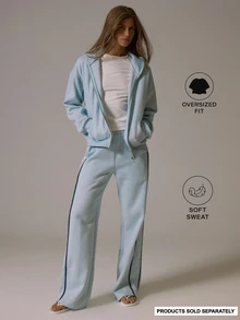 Musera Sport Zip Through Contrast Piped Detail Loose Oversized Fit Hooded Coord Sweatshirt Winter Fall Autumn Active Pilates Gym Workout Motion - Baby Blue - View 1