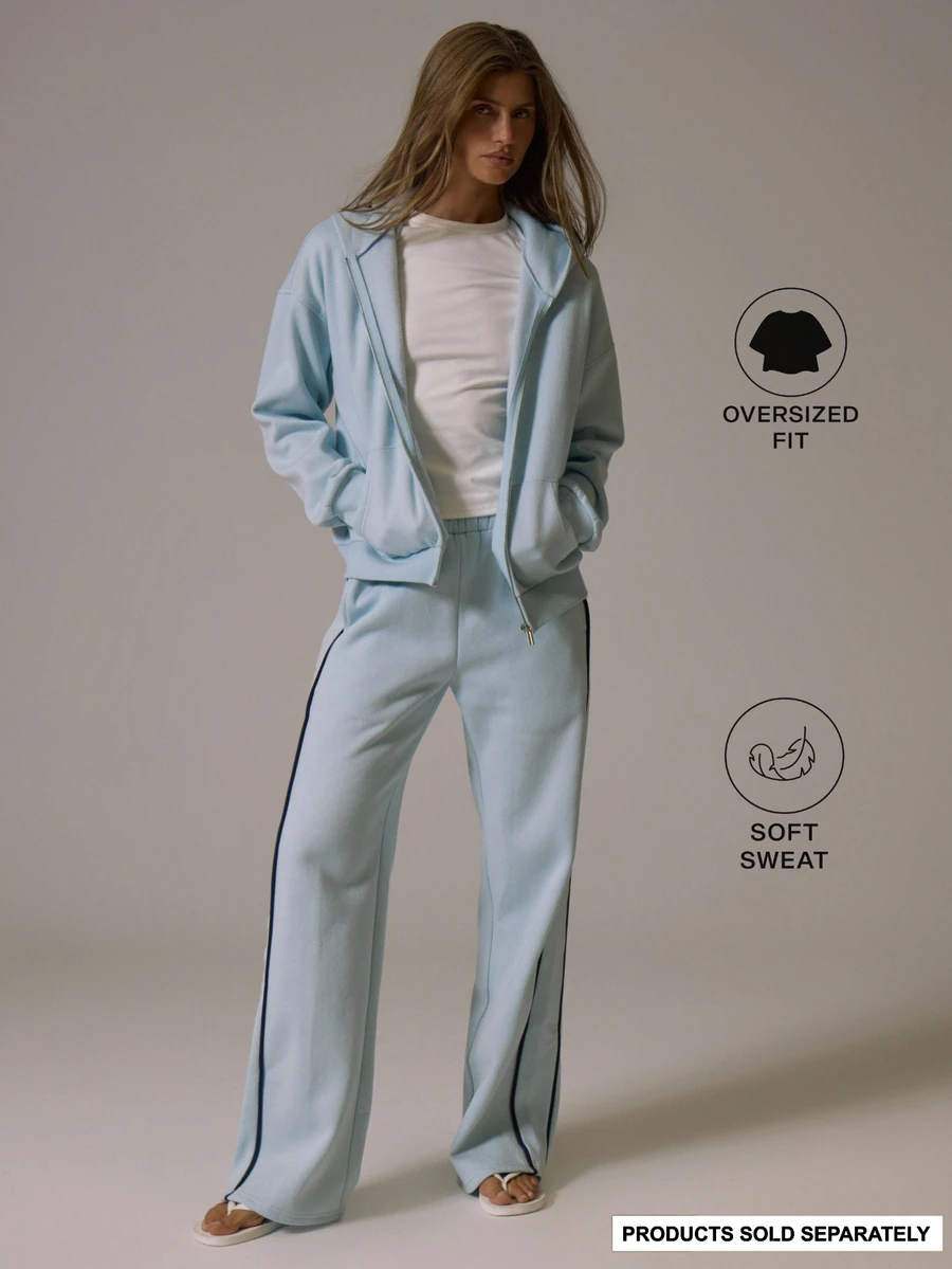 Musera Sport Zip Through Contrast Piped Detail Loose Oversized Fit Hooded Coord Sweatshirt Winter Fall Autumn Active Pilates Gym Workout Motion - Baby Blue - View 1