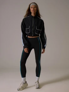 Musera Sport High Funnel Neck Zip Through Contrast Colour Stripe Sleeve Pocket Front Cropped Elasticated Coord Track Jacket Winter Fall Active Pilates Motion - Black - View 2