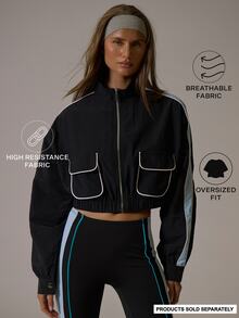 Musera Sport High Funnel Neck Zip Through Contrast Colour Stripe Sleeve Pocket Front Cropped Elasticated Coord Track Jacket Winter Fall Active Pilates Motion - Black - View 1