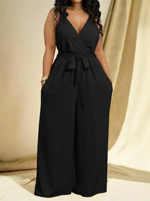 Veslaya 2026 Spring/Summer Plus Size Women's Wide Leg Spaghetti Strap Jumpsuit Elegant Commute & Casual Wear Birthday Party Graduation Season Student Outfit Daily Streetwear All-Match Versatile - Black - View 3