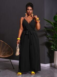 Veslaya 2026 Spring/Summer Plus Size Women's Wide Leg Spaghetti Strap Jumpsuit Elegant Commute & Casual Wear Birthday Party Graduation Season Student Outfit Daily Streetwear All-Match Versatile - Black - View 10