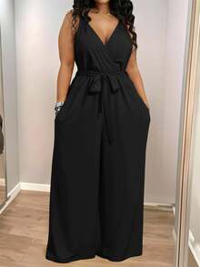 Veslaya 2026 Spring/Summer Plus Size Women's Wide Leg Spaghetti Strap Jumpsuit Elegant Commute & Casual Wear Birthday Party Graduation Season Student Outfit Daily Streetwear All-Match Versatile - Black - View 4