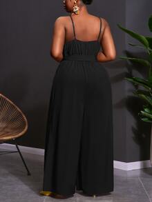 Veslaya 2026 Spring/Summer Plus Size Women's Wide Leg Spaghetti Strap Jumpsuit Elegant Commute & Casual Wear Birthday Party Graduation Season Student Outfit Daily Streetwear All-Match Versatile - Black - View 5