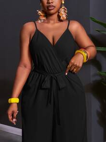 Veslaya 2026 Spring/Summer Plus Size Women's Wide Leg Spaghetti Strap Jumpsuit Elegant Commute & Casual Wear Birthday Party Graduation Season Student Outfit Daily Streetwear All-Match Versatile - Black - View 6