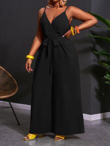 Veslaya 2026 Spring/Summer Plus Size Women's Wide Leg Spaghetti Strap Jumpsuit Elegant Commute & Casual Wear Birthday Party Graduation Season Student Outfit Daily Streetwear All-Match Versatile - Black - View 8