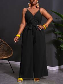 Veslaya 2026 Spring/Summer Plus Size Women's Wide Leg Spaghetti Strap Jumpsuit Elegant Commute & Casual Wear Birthday Party Graduation Season Student Outfit Daily Streetwear All-Match Versatile - Black - View 7