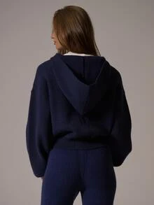 Musera Sport Logo Embroidered Zip Through Knitted Hooded Cropped Oversized Coord Sweatshirt Winter Fall Autumn Active Pilates Motion - Navy Blue - View 5