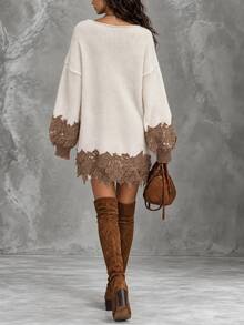 LUMIGAL Women's Contrast Lace V-Neck Drop Shoulder Long Sleeve Loose Knit Dress - Apricot - View 3