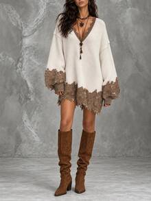 LUMIGAL Women's Contrast Lace V-Neck Drop Shoulder Long Sleeve Loose Knit Dress - Apricot - View 7