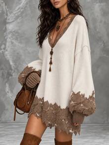 LUMIGAL Women's Contrast Lace V-Neck Drop Shoulder Long Sleeve Loose Knit Dress - Apricot - View 6