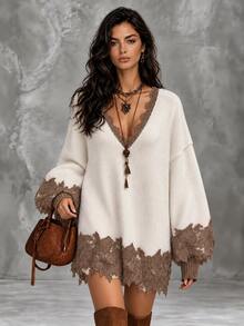 LUMIGAL Women's Contrast Lace V-Neck Drop Shoulder Long Sleeve Loose Knit Dress - Apricot - View 4