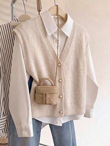 SHEIN Franclia Women's Sleeveless V-Neck Knit Vest, Beige With Pearl-Style Buttons, Soft Layering Cardigan For Workplace Everyday School Casual Preppy Daily Wear - Beige - View 3