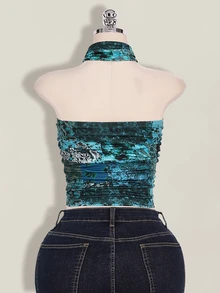 SHEIN ICON 大码 Y2k 春季外出田园风海滩波西米亚风度假性感女士简约时尚露背撞色佩斯利印花夏季女士花卉印花褶皱时尚露背吊带背心西部风女装，锐舞上衣 - 綠色 - 查看 2