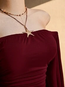 SHEIN ICON Women's Plus Size Off-Shoulder Solid Color Bell Sleeve Fashion Top - Burgundy - View 7
