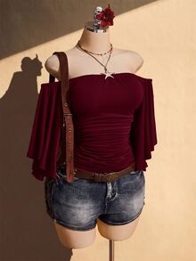 SHEIN ICON Women's Plus Size Off-Shoulder Solid Color Bell Sleeve Fashion Top - Burgundy - View 5