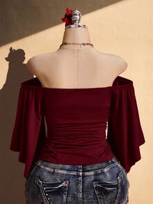 SHEIN ICON Women's Plus Size Off-Shoulder Solid Color Bell Sleeve Fashion Top - Burgundy - View 2