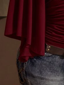 SHEIN ICON Women's Plus Size Off-Shoulder Solid Color Bell Sleeve Fashion Top - Burgundy - View 6