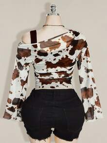 SHEIN ICON Women's Plus Size Cow Print Print 2 In 1 Top Club Date Night Cocktail Rave Autumn Sexy Fall White - Brown - View 3