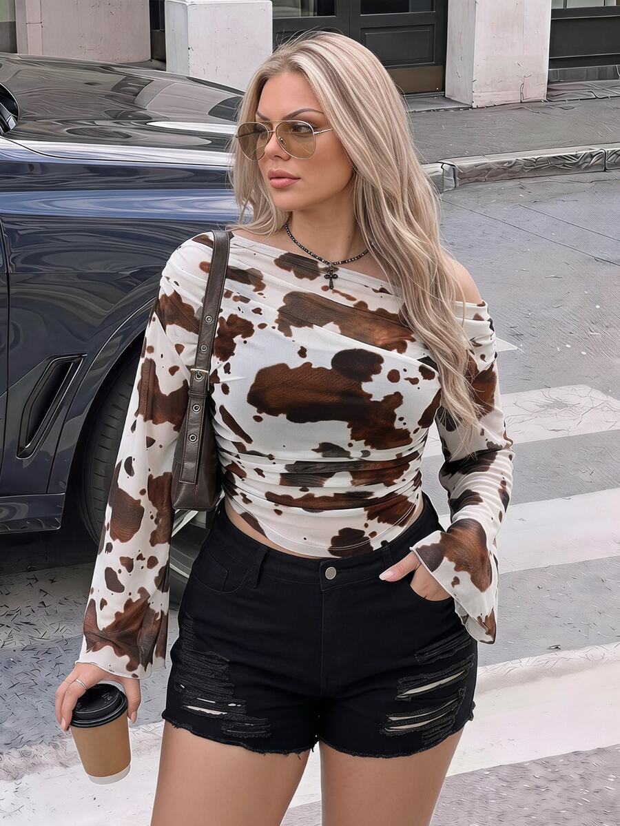 SHEIN ICON Women's Plus Size Cow Print Print 2 In 1 Top Club Date Night Cocktail Rave Autumn Sexy Fall White