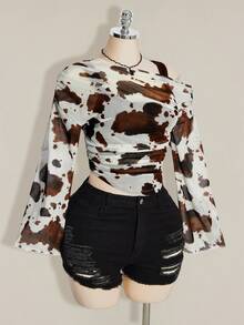SHEIN ICON Women's Plus Size Cow Print Print 2 In 1 Top Club Date Night Cocktail Rave Autumn Sexy Fall White - Brown - View 6