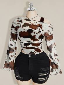 SHEIN ICON Women's Plus Size Cow Print Print 2 In 1 Top Club Date Night Cocktail Rave Autumn Sexy Fall White - Brown - View 7