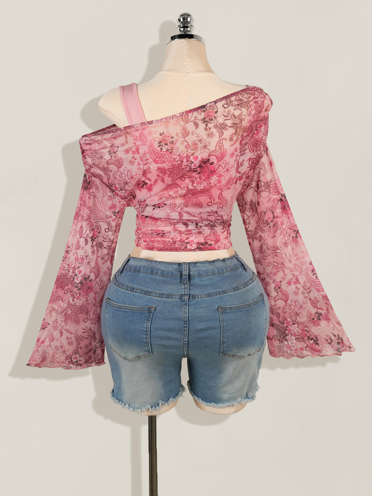 SHEIN ICON Camiseta de malla transparente con hombros oblicuos, talla grande. Blusa de manga larga de malla transparente con estampado de paisley - Rosa - Añade 2