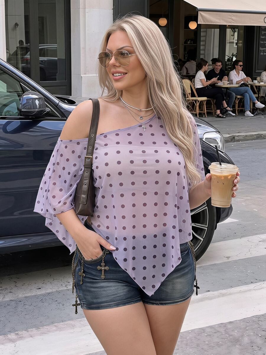 SHEIN ICON Women's Plus Size Light Purple Mesh Asymmetrical Top Brunch Date Night Night Out Summer Sexy Casual - Lilac Purple - View 1
