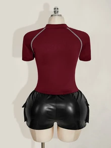 SHEIN ICON Plus Size Women's Contrast Stitching Hollow Out Zipper Short Sleeve T-Shirt - Burgundy - View 2