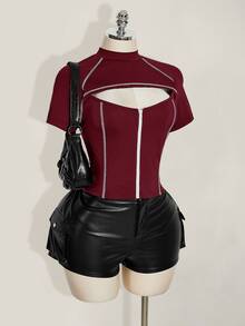 SHEIN ICON Plus Size Women's Contrast Stitching Hollow Out Zipper Short Sleeve T-Shirt - Burgundy - View 10