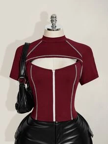 SHEIN ICON Plus Size Women's Contrast Stitching Hollow Out Zipper Short Sleeve T-Shirt - Burgundy - View 4
