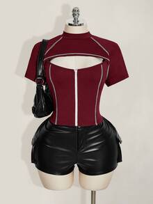 SHEIN ICON Plus Size Women's Contrast Stitching Hollow Out Zipper Short Sleeve T-Shirt - Burgundy - View 6