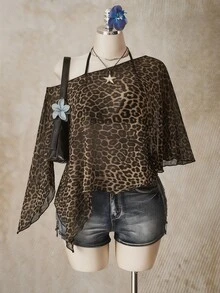 SHEIN ICON Leopard Print Plus Size Women's Asymmetric Neck Batwing Sleeve Loose Top - Multicolor - View 3