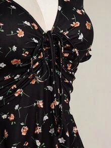 SHEIN ICON 大码女式碎花V领系腰优雅短袖派对连衣裙 - 黑色 - 查看 9