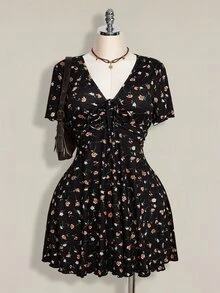 SHEIN ICON 大码女式碎花V领系腰优雅短袖派对连衣裙 - 黑色 - 查看 10
