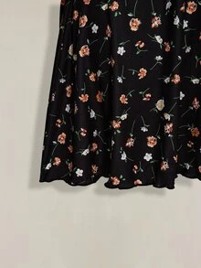 SHEIN ICON 大码女式碎花V领系腰优雅短袖派对连衣裙 - 黑色 - 查看 8